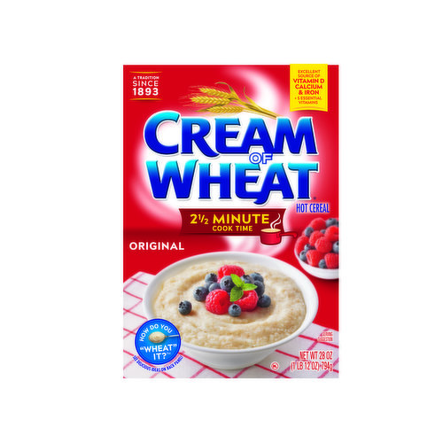 Cream of Wheat Original Hot Cereal is a ground wheat instant hot cereal that is easy to prepare and has a smooth, creamy texture. A hot, delicious bowl of Cream of Wheat provides a nutritious meal that the whole family will enjoy or a quick snack for a busy morning. Cream of Wheat instant hot cereal provides 6 essential vitamins, is kosher and a good source of iron and calcium. This traditional hot cereal is also a naturally fat-free and cholesterol-free food that is also low in sodium when prepared with water and without salt. Prepare this traditional stove top Cream of Wheat shelf-stable/ambient hot breakfast cereal in 2.5 minutes by stirring boiling water or milk into the ground wheat. Simply simmer and stir. For faster and easier preparation, cook Cream of Wheat hot cereal in a microwave to enjoy a convenient, hot breakfast. Add additional flavor to instant Cream of Wheat cereal by stirring in some fresh fruit and your favorite nuts.