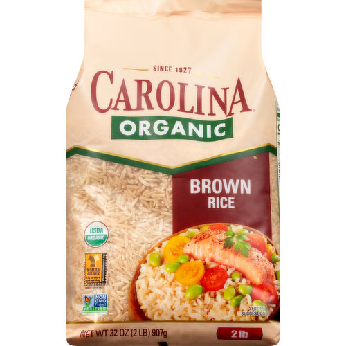 USDA Organic. Certified Organic by Quality Assurance International. Certified Gluten-free. 100% Whole Grain: 45 g or more per serving. Eat 48 g or more of whole grains daily. WholeGrainsCouncil.org. Non GMO Project verified. nongmoproject.org. Since 1927. Carolina Organic. Eat organically. Choose Carolina Organic brown rice to help in your mission to eat organically. You are able to enjoy your trusted rice brand knowing that you are putting quality rice into you body. This environmentally conscious product helps in preserving the earth for future generations. Enjoy the best of both worlds - great taste and good for the earth. Carolina rice unites. www.carolinarice.com. Questions? Comments? Call 1-800-226-9522 Monday-Friday, 8am to 4pm Central Time. Please have package available when calling. For free recipes, log onto www.carolinarice.com. Product of Thailand.