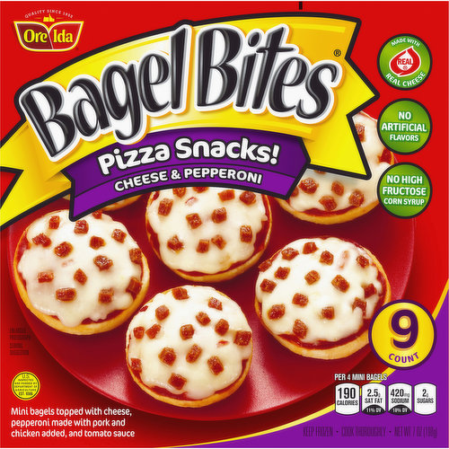 Bagel Bites Cheese & Pepperoni Pizza Snacks offer a quick and easy snack that kids love and parents can easily serve. Our mini pizza bagels are topped with cheese, pepperoni made with pork and chicken added, and sauce for a mouthwatering flavor that excites taste buds. Whenever you serve our mini pizza bagels, they're always a hit. Try our frozen appetizers at a party or as an after school snack. Each serving of Bagel Bites has 7 grams of protein, contains 0g trans fat, and no artificial flavors or high fructose corn syrup. Bake them in the oven or toaster oven for a crispy finish, or microwave them for a quick snack. Each 9-count box of Bagel Bites Cheese & Pepperoni Pizza Snacks includes a convenient microwavable crisping tray for easy prep. Keep these mini pepperoni pizza bagels frozen until ready to eat.