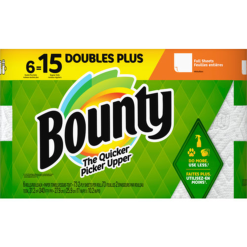 Bounty Paper Towels, Doubles Plus, Full Sheet, White, 2-Ply