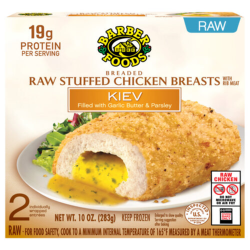 Barber Foods Chicken Breasts, with Rib Meat, Kiev, Breaded, Raw Stuffed