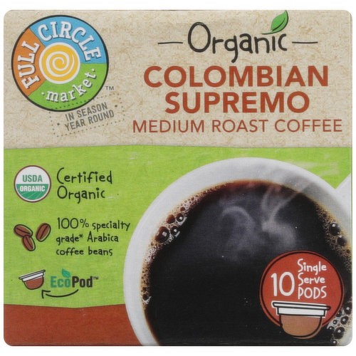 Full Circle Market Medium Roast Colombian Supremo 100% Arabica Coffee Single Serve Pods