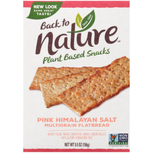 Back to Nature Pink Himalayan Salt Multigrain Flatbread Crackers are delicious plant based snacks inspired by nature and Non-GMO Project Verified. These crispy crackers deliver a mouthwatering blend of pink Himalayan salt, nutty whole grains, and light, savory seasonings. Each Back to Nature flatbread cracker is kosher and made with no high fructose corn syrup or hydrogenated oils to meet your dietary needs. Perfect for snacking or entertaining, these Back to Nature crackers are a twist on the familiar for a delicious, simple ingredient snack. Pair these thin crackers with your favorite toppings or create a cheese and crackers charcuterie board for your next gathering. This box of multigrain crackers is easy to store in your pantry until you are ready to enjoy. Back to Nature has partnered with The Nature Conservancy to support the organization’s Plant a Billion Trees Program.