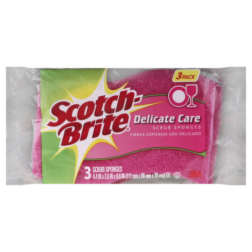 4.4 in x 2.6 in x 0.8 in (111 mm x 66 mm x 20 mm) ea. 3 scrub sponges. Delicate care. Extra gentle cleaning for surfaces in your kitchen and around your home. scotchbrite.com. Question? 1-800-846-8887. Also try our other scrub sponges: Non-Scratch: For stovetops & premium cookware; Heavy Duty: Scours 50% faster. Made in Canada.