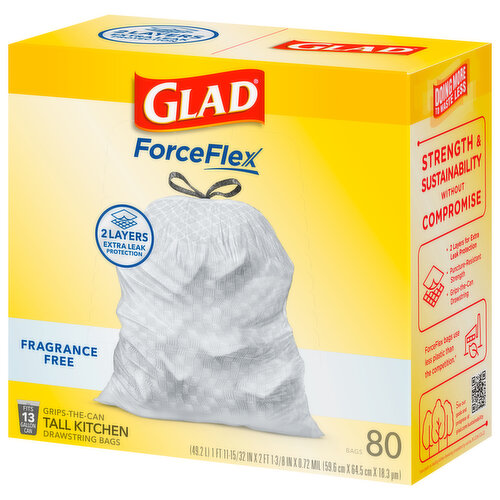 Glad Bags, Drawstring, Kitchen, Fragrance Free, Tall, 13 Gallon