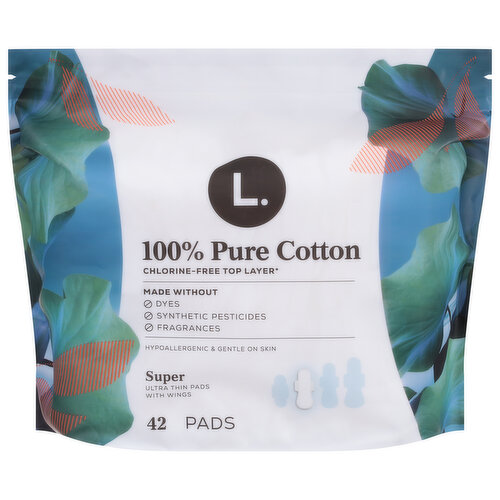 L. Pads, with Wings, 100% Pure Cotton, Ultra Thin, Super