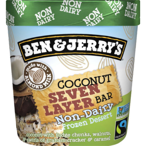 Made with almond milk. If you're looking for the 7th level of non-dairy heaven, you'll find a coconutty trove of luscious stuff from your favorite layered concoction right here in this very Ben & Jerry's Non-Dairy flavor. We strive to make the best possible non-dairy frozen dessert in the best possible way. We source Non-GMO ingredients, & our cocoa, sugar, vanilla & a portion of our almonds are Fairtrade. Fairtrade. All cocoa, sugar & vanilla are traded in compliance with Fairtrade standards, total 39%, excluding water. Visit www.info.fairtrade.net. FSC: Mix - Packaging.