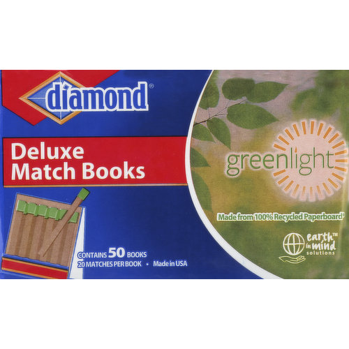 20 matches per book. Made from 100% recycled paperboard (Match book and stem are made from 100% recycled paperboard). Earth in Mind solutions. Diamond Greenlight Match Books - The first American-made match book sourced from 100% recycled paperboard that ultimately helps to preserve our forests. The Diamond brand is committed to making our planet a greener, better place to live. Complies with the US Consumer Product Safety Commission 16CFR1202 Safety Standard for Matchbooks. Contact us at www.diamondbrands.com or call 1-800-392-2575. Trusted brand for over 100 years. Cardboard box, wrapper, and matchbook are recyclable. Please recycle. Jarden Home Brands is committed to environmentally responsible packaging and products. Made in USA.