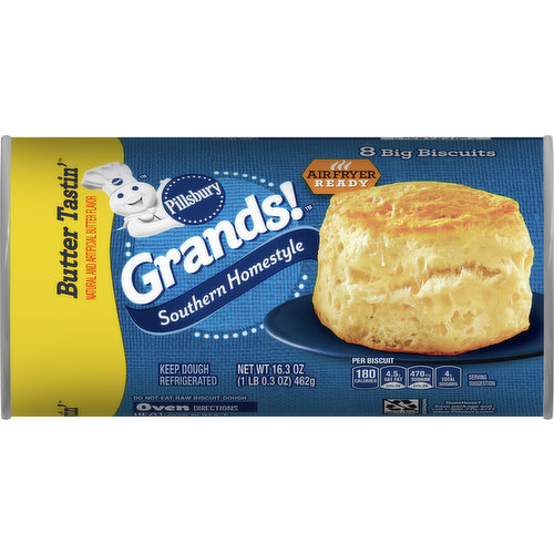 Make family meals grand with the home-baked goodness of Pillsbury Grands! Southern Homestyle Biscuits. Created for the biscuit lover, each hot-out-of-the-oven Grands! biscuit has a mouth-watering crispy outside and fluffy inside. A convenient alternative to scratch baking, Grands! refrigerated biscuit dough is ready-to-bake, saving you time and kitchen cleanup. In just minutes, the air will be filled with the delicious aroma of freshly baked biscuits and you’ll be ready to serve. Imagine the memories you’ll make.

These Southern homestyle Butter Tastin' biscuits will give you time back in your day to focus on what matters. Simply preheat the oven to 375° F (or 350° F for a nonstick cookie sheet), place refrigerated biscuit dough 1 to 2 inches apart on ungreased cookie sheet and bake 11-15 minutes or until golden brown. In just a few simple steps, you'll have homestyle biscuits without all the fuss!