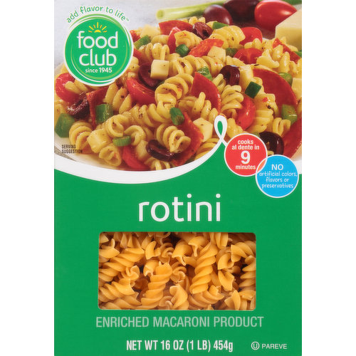 Add flavor to life. Since 1945. Cooks al dente in 10 minutes. Experience a renaissance of flavor! Our Italian pasta salad recipe with Food Club Rotini is bright, lively & classically delicious. Discover your own good taste! Product is sold by weight, not volume. Product may settle. Please recycle. Recyclables should always be clean and dry. Check local guidelines for specific instructions and what is accepted in your area.
