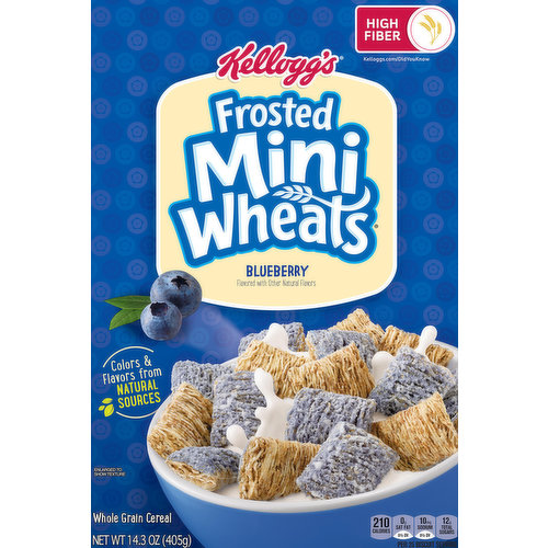 Colors & flavors from natural sources. Flavored with other natural flavors. Per 25 Biscuit Serving: 210 calories; 0 g sat fat (0% DV); 10 mg sodium (0% DV); 12 g total sugars. 6 g of fiber. 48 g of whole grain. High fiber. Contains a bioengineered food ingredient. Kelloggs. Our best in every bite. Made with North American grains. Start delicious and satisfied. Delicious blueberry flavor. 10 layers of wheat. kelloggs.com. how2recycle.info. Did you know? Explore all the good stuff you may not know about your favorite cereals at Kelloggs.com/DidYouKnow. Questions or Comments? Visit: kelloggs.com. Call: 1-800-962-1413. Provide production code on package. Also try! Frosted Mini Wheats Little Bites. Frosted Mini Wheats Strawberry. Frosted Mini Wheats original. Certified 100% recycled paperboard. Product of Canada.