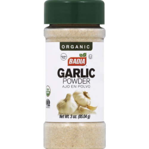 USDA Organic. Quality Assurance International. Certified Organic by: Quality Assurance International. Gluten free. Garlic is one of the most useful and appetizing condiments due to tis distinctive flavor and its healthy virtues. It is the ideal accompaniment to  pastas, rice, poultry, beef, seafood and vegetables. Each 1/8 teaspoon of Badia Garlic powder equals 1 clove of fresh garlic. Visit our website www.badiaspices.com. For nutritional information contact us. Please recycle! Packed in USA.