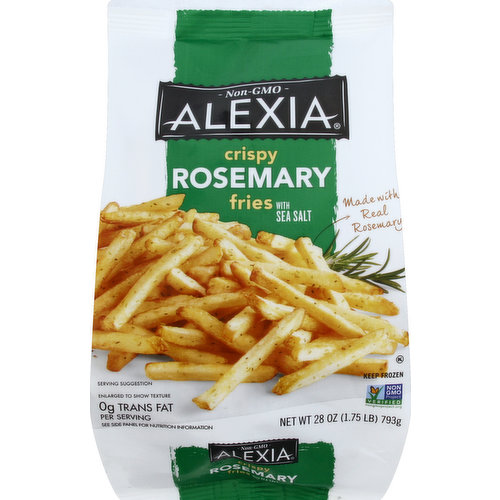With sea salt. Made with real rosemary. 0 g trans fat per serving. See side panel for nutrition information. Non-GMO. Non GMO Project verified. nongmoproject.org. Crispy skin-on potatoes seasoned with savory rosemary and sea salt. Indulgent flavor, the Alexia way. Extra crispy russet potatoes meet their perfectly savory complement with a generous helping of real rosemary and sea salt. With an extra crisp crunch, these chef-inspired fries are sure to delight each and every taste  bud. Try our other Alexia products. Our Story: At acclaimed international restaurants, Chef Alex discovered that by hand selecting the finest ingredients and producing only small batches, he could create everyday side dishes that achieved a level of quality to match most any gourmet entree. For more information go to alexiafoods.com or call 1-866-484-8676. Have a question or comments? Visit us at alexiafoods.com. or call Monday-Friday, 9:AM-7:00 PM (CST), 1-866-484-8676 (except national holidays). Please have entire package available when you call. Connect with Us: See how our products rate own review at alexiafoods.com. Facebook: Visit us at facebook.com/alexiafoods. Product of USA.