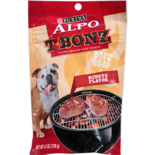 Calorie Content (Calculated): 2732kcal/kg, 31 kcal/piece. Made with real beef. Can't resist ribeye flavor. You can see the marbling on top, and you know - it's a ribeye-inspired treat. Your dog can smell the aroma, taste the meaty flavor, and he knows it's downright delicious. Open a bag of Alpo Tbonz and unleash great ribeye flavor for your dog to savor. purina.com.  Look for other Alpo T-Bonz mouthwatering varieties. Porterhose flavor; Filet mignon flavor. Cooked with pride in the USA. Printed in U.S.A. T-Bonz dog snacks: Because dogs love the taste of steak.