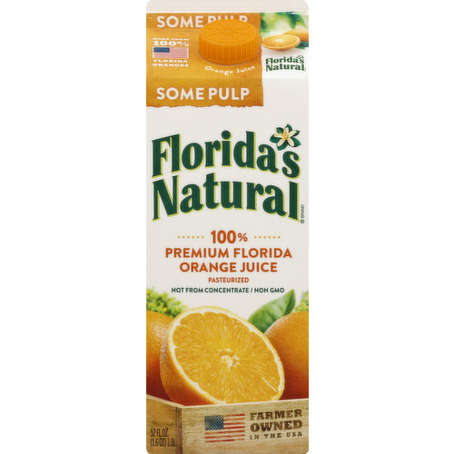 100% premium Florida orange juice. Made from 100% Florida oranges. Pasteurized. Not from concentrate. 100% orange juice. Non GMO. Non GMO Project verified. nongmoproject.org. With us, it's personal. That's why Florida's Natural tastes so good. We are the farmers of Florida's Natural. We grow our sweet, juicy oranges only in Florida, where they bask in the perfect warm sun and soak up the cooling rain. And that makes our juice the best-tasting, freshest juice possible. - Daniel Hunt, Michael Matteson, Lake Wales, Florida. Please recycle. Sustainable Forestry Initiative: Certified fiber sourcing. www.sfiprogram.org. No sugar added. Not a low calorie food. Visit us at floridasnatural.com. Questions or comments? Toll Free: 1-888-657-6600. Farmer owned in the USA.