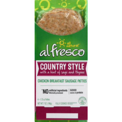 Country style with a hint of sage and thyme. Gluten free. Good source of protein. All natural (No artificial ingredients minimally processed). Fully cooked. Pork free. Inspected for wholesomeness by US Department of Agriculture. alfrescochicken.com.