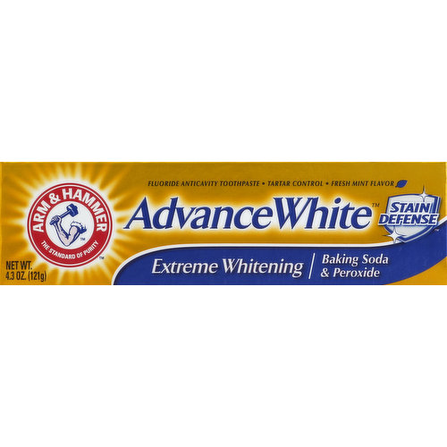 Misc: Tartar control. Baking soda & peroxide. The standard of purity. Stain defense. Questions or comments? Call 1-800-786-5135 Mon.-Fri. 9 am-5 pm ET or visit www.myoralcare.com. Arm & Hammer Advance White is specially formulated with refined dental grade baking soda to give you a noticeably whiter, brighter smile. Baking Soda gently removes plaque and surface stains with a deep cleaning action. High levels of peroxide target tough set-in stains with extra whitening power. Stain Defense: To help prevent new stains from setting. Fresh from the dentist feeling of clean. Fluoride cavity protection & tartar control. Low abrasion formula. Breath freshening. Extreme whitening. Deep cleaning. Plus Stain Defense to help prevent new stains from setting. Made in the USA.