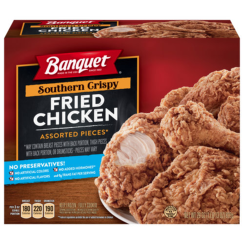 Since 1953. No preservatives! No artificial colors. No added hormones (Federal regulations prohibit the use of added hormones in chicken). Fully cooked. Photo may not represent actual pieces inside. Tender bone-in chicken pieces. At Banquet we start with fresh chicken, then add our delicious signature seasoning. We make it with pride in the South, breading and cooking each batch to crispy perfection. Our pledge is to deliver tender, juicy chicken to your table every time.