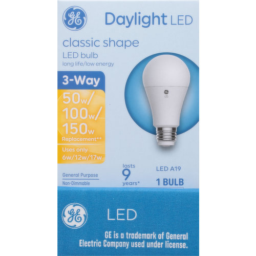 GE Light Bulb, LED A19, 3-Way, Daylight, Classic Shape