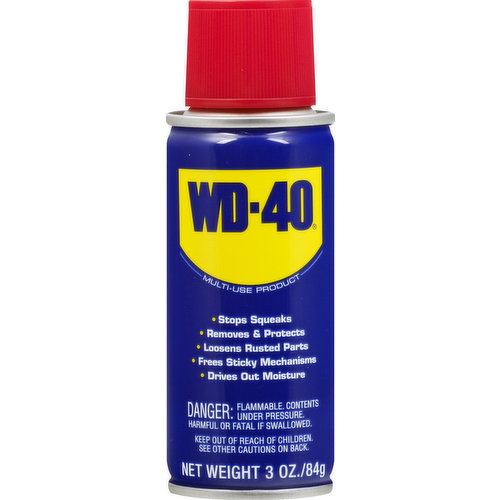 Stop squeaks. Removes & protects. Loosens rusted parts. Frees sticky mechanisms. Drives out moisture. For additional health, safety and product information 24 hours/day, call 1-888-324-7596. No CFCs. Propellant: CO2. www.wd40.com. Made in USA.