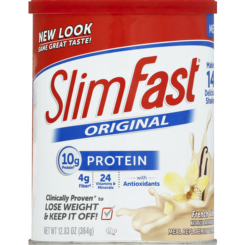 New look! Same great taste. Meal. 10 g protein (per shake as prepared with fat free milk); 4 g fiber (Contains 4 g total fat per serving as prepared with fortified fat free milk); 24 vitamins & minerals; with antioxidants. Clinically proven (When used as part of the SlimFast plan. Individual results may vary.) lose weight & keep it off. American Culinary Chefs Best. ChefsBest.com. Awarding Winning Taste: Chefs Best Award 2017 Excellence. Makes 14 delicious shakes. Naturally & artificially flavored. Excellent source of protein (As prepared with fortified fat free milk). Helps maintain healthy blood sugar levels. Good source of fiber (Contains 4 g total fat per serving as prepared with fortified fat free milk). The SlimFast Plan: Two delicious SlimFast meals replacement shakes or bars; Three tasty SlimFast 100 calorie snacks, fruits or veggies; One healthy 500-600 calorie meal. Join us on Facebook or SlimFast.com to learn more about the SlimFast Plan and easy recipes. See SlimFast.com for new ideas and inspiration. Partially produced with genetic engineering. This package is sold by weight, not volume. Some settling of contents may have occurred during shipping and handling. This package will make the servings as indicated when measured exactly by weight (26 g per serving). Sweetened with nutritive sweeteners and a non nutritive sweetener. Slimfast.com.