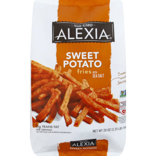 With sea salt. Sweet and savory. Combines the sweet and savory flavor of sweet potato with a hint of sea salt. Nothing Beats a Great Fry: At Alexia, we've introduced a sweet and savory twist to the classic french fry. Combining the richness of sweet potatoes with a hint of sea salt brings out flavor fit to complement any meal. Our Story: At acclaimed international restaurants, Chef Alex discovered that by hand-selecting the finest ingredients and producing only small batches, he could create everyday side dishes that achieved a level of quality to match most any gourmet entree. 0 g trans fat per serving. See back panel for nutrition information. Non-GMO. Non GMO Project verified. nongmoproject.org. American Heart Association Certified meets Criteria for Heart-Healthy Food. Diets low in saturated fat and cholesterol, and as low as possible in trans fat, may reduce the risk of heart disease. Have a question or comments? Visit us at alexiafoods.com or call 1-866-484-8676. Please have entire package available when you call. Connect with Us: See how our products rate and write your own review at alexiafoods.com. Facebook: Facebook.com/alexiafoods. Product of USA.