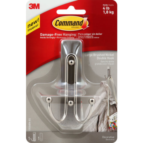 Command Double Hook, Decorative, Brushed Nickel, Large