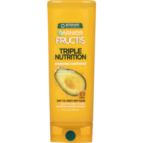 Glycerin + avocado, olive, almond oils. Dry to very dry hair. System for triple recharge: nourishment, strength and glow. Dry to very dry hair? Fructis combines a natural superfruit with scientific ingredients in its exclusive care system, for nourished hair with a healthy glow. The Triple Nutrition Conditioner is infused with our exclusive duo of ingredients: Avocado oil, Glycerin blended with almond and olive oil. Visible results: stronger, smoother, shinier hair with no greasy feel. 3x Moisture, no weighdown with system of shampoo, conditioner & leave in oil vs non-conditioning shampoo. Yes vegan formula. No parabens. No animal derived ingredients gentle for everyday use. Cruelty Free International. Garnier commits to greener beauty: more information on garnierusa.com. Eco-Designed Formulas: We track the biodegradability & water footprint of our formulas. Renewable Energy: Produced in a plant powered by no less than 45% renewable energy.