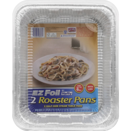 Pan Size: 11-3/4 in. X 9-1/4 in. X 2-1/2 in. 2 half-size steam table pans. For up to 6 lbs. With lids. FSC www.fsc.org Mix label from responsible sources. This label made from FSC certified paper. Recyclable aluminum. Box Tops for Education. Made in North America.
