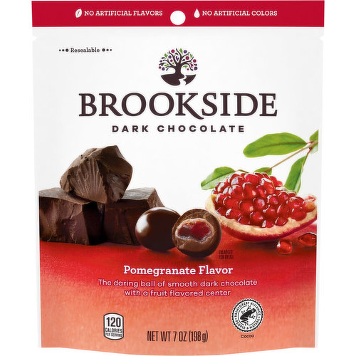 Experience the daring and unique combination of BROOKSIDE dark chocolate with pomegranate flavor. These smooth, dark chocolate morsels are filled with luxurious, fruity pomegranate centers made with no artificial colors or flavors. Each little sphere has soft, chewy fruit flavors and smooth, rich dark chocolate. The result is an irresistible dark chocolate snack that is great if you need sweet treats for a show-stopping addition to homemade trail mix. This snacking chocolate is also perfect for snack breaks when you're in the mood for something sweet. When a sharing moment strikes, or you are looking to give a dark chocolate gift, offer dark chocolate and pomegranate treats to please your whole family or work team. The artfully blended exotic fruit flavors in these BROOKSIDE chocolate treats come from around the world and offer the ultimate mix for anybody seeking a unique experience. Keep a bag of flavorful BROOKSIDE snacks with you wherever the day leads to make sure you can always keep your taste buds happy with delicious, quality chocolate.