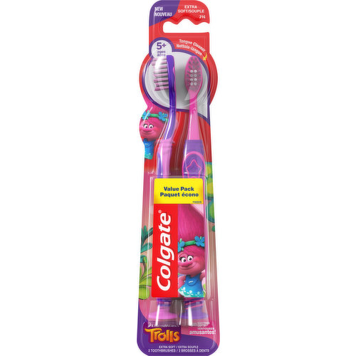 Ages 5+. Tongue cleaner. Suction cups! For children with both baby & adult teeth. Unique soft toque cleaner on back of the head to encourage good oral care habits early on. Thumb grip and rounded handle for a comfortable grip. Suction cup for easy and fun upright storage. Discover fun brushing tips and games at www.colgate.com/kids. Questions? US. 1-800-468-6502. www.colgate.com. Questions? Canada: 1-800-268-6757 www.colgate.ea Save water. www.colgate.com/savewater. Made in China.