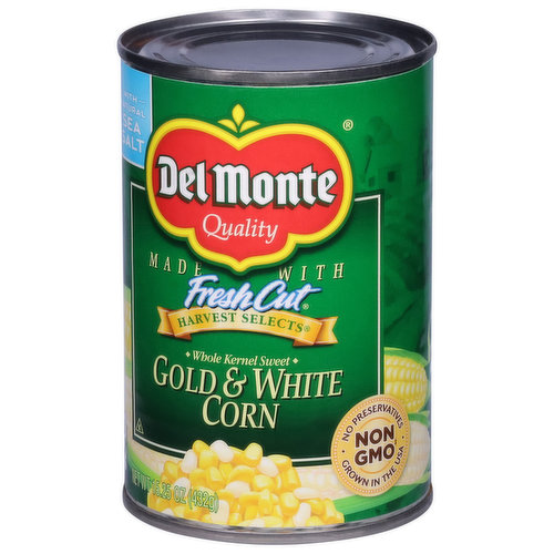 Del Monte Corn, Gold & White, Whole Kernel Sweet, Harvest Selects