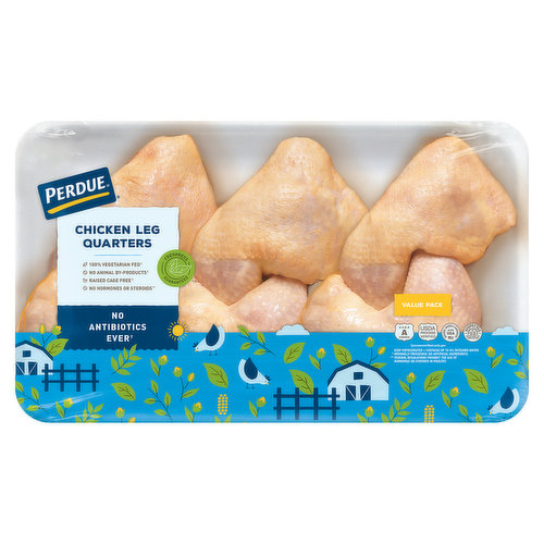 PERDUE Fresh no antibiotics ever chicken leg quarters (whole leg with back) packed 5-6 pieces per tray.