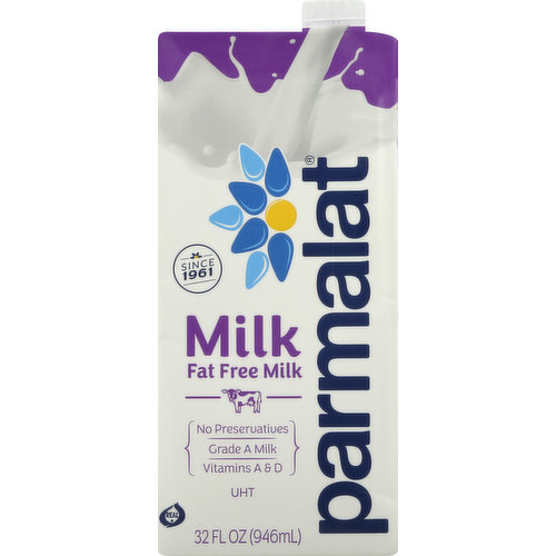 8 g protein per serving! Fat free. Vitamins A & D No preservatives. Real. UHT.  Our Promise: 100% Real Milk: Enjoy the fresh taste of high quality Grade A cow milk, with no preservatives. A Nutritious Glass of Milk: Our milk is packed full of good things such as vitamins A and D, protein, and calcium.   Stays fresh longer! Here at Parmalat, we heat our milk at higher temperatures than regular pasteurized milk. This way, our milk stays fresh longer, and doesn't need to be refrigerated until opened.  Bringing you quality milk since 1961.  Did you know? Parmalat milk doesn't  need to be refrigerated until it's opened, so  you can keep one in the pantry. We heat our milt at an Ultra High Temperature (UHT) to keep it fresh longer. Tastes just like real milk, because it is real milk! Grade A milk. Questions or comments? 1-877-522-8254. A package from Tetra Pak. Tetra Pak: Protects what's good. Tetra Brik Aseptic. Please recycle! RecycleCartons.com. FSC: Mix - Board from responsible sources. www.fsc.org. Purchasing this FSC carton from Tetra Pak supports responsible forest management worldwide. Made in the USA.