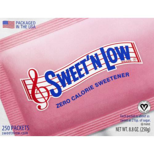A blend of nutritive and non-nutritive sweeteners. Each serving contains less than 4 calories which FDA considers dietecically zero.  Certified Vegan. vegan.org. A gluten free food. Each packet is about as sweet as 2 tsp. of sugar. Do you believe that sweeter is better? Then you'll love Sweet'N Low zero calories sweetener, America's favorite little pink packet. Sweet'N Low dissolves quickly in hot or cold beverages and brings the sweetness you love to all your favorite food and drinks, without extra calories! Suitable for people with diabetes sweetnlow.com. Facebook. Twitter. Pinterest. Instagram.  For all inquiries, visit sweetnlow.com or call us at 1-800-221-1763. Please retain best by date on side panel and 10 digit UPC No. below. Go to sweetnlow.com/recipes for sweet, reduced-calorie recipes and conversion chart. Sustainable Forestry Initiative: Certified sourcing. www.sfiprogram.org.  Packaged in the USA.