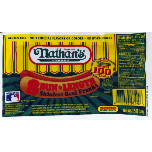 Nathan's Franks, Beef, Skinless, Bun Lengh