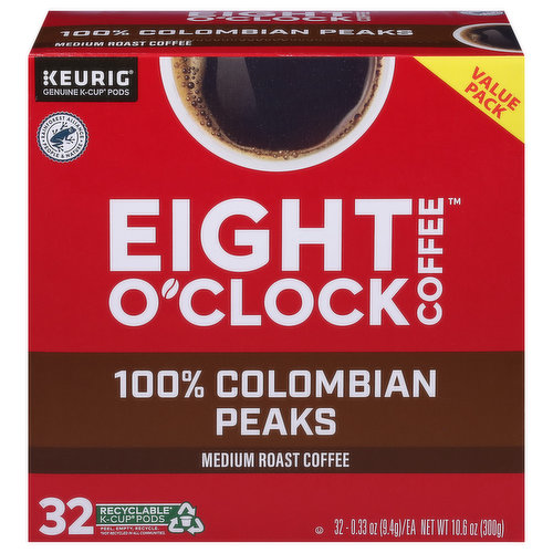 Eight O'Clock Coffee Coffee, Medium Roast, 100% Colombian Peaks, K-Cup Pods, Value Pack