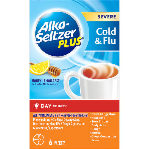In Each Packet: Other Information: Each packet contains: potassium 5 mg and sodium 6 mg. Store at room temperature. Fast relief mix-in packets. Day: Non-drowsy. Acetaminophen / pain reliever-fever reducer. Phenylephrine HCl / nasal decongestant. Dextromethorphan HBr / cough suppressant. Guaifenesin / expectorant. Nasal congestion. Headache. Sore throat. Body ache. Cough. Mucus. Chest congestion. Fever. Does not contain aspirin. Feel better fast. Questions or comments? 1-800-986-0369 (Mon-Fri 9AM-5PM EST). Parents: Learn about teen medicine abuse. www.StopMedicineAbuse.org.