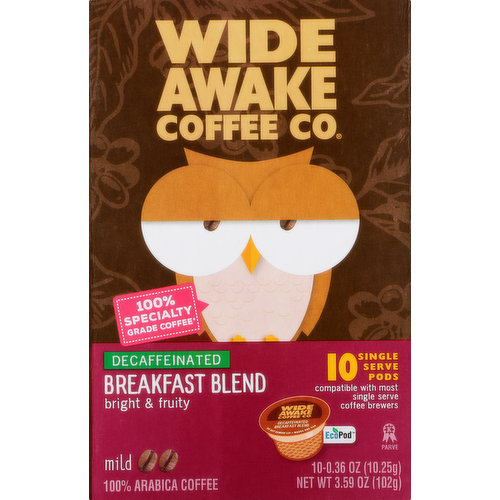 Wide Awake Coffee Co. Coffee, Mild, Breakfast Blend, Decaffeinated, Single Serve Pods