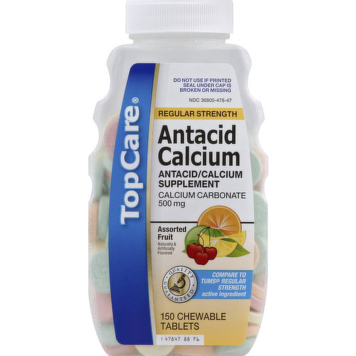 TopCare Antacid/Calcium, Regular Strength, 500 mg, Tablets, Assorted Fruit