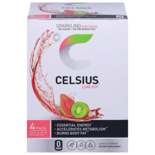 Celsius Energy Drink, Kiwi Guava, Sparkling, 4 Pack