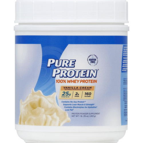 Protein Powder Supplement. 100% whey protein. Naturally & artificially flavored. Gluten free. 25 g protein. 2 g sugar. 160 calories. Contains no soy protein (Contains soy lecithin). Supports lean muscle & strength. Contains electrolytes for hydration. Low fat (See nutrition information for cholesterol content). Pure Protein 100% Whey Powder is delicious, convenient and fast-acting. This formula is designed with 100% of the protein coming from whey, a complete and superior protein source supplying all the essential amino acids your body needs to support lean muscle, strength and energy. It also contains electrolytes to help maintain hydration or rehydrate after workouts. This easy-to-mix, low fat, gluten free protein powder provides 25 grams of power-packed protein in every scoop - just what your body needs to stay fit and ready for action. Perfect for use any time of day whether you've just completed a workout or are looking for a nutritious treat to maintain momentum. Provides cross-flow 100% ultrafiltered whey protein concentrate. Instantized whey proteins for easy mixing and complete dispersion in liquid. Quick absorbing whey protein blend to speed amino acid delivery to muscles immediately after workouts. Contains electrolytes to maintain hydration or to rehydrate after workouts. Pure Protein makes it easy to give your body what it needs. Our goal is to provide you with great tasting, convenient protein products giving you the strength to achieve your goals. Each serving contains over 5 grams of the following Branched Chain Amino Acids from protein: Which Typically Provides: Isoleucine 1.56 g; Leucine 2.65 g; Valine 1.37 g. Visit PureProtein.com for delicious smoothie recipes! For questions or reorders call: 1-800-854-5019 or visit our website at www.pureprotein.com. Contents are sold by weight. Some settling may occur. Typical Amino Acid Profile (Milligrams per 39 g scoop [Approximate Values]): Essential Amino Acids: Histidine 465 mg; Isoleucine 1,568 mg; Leucine 2,652 mg; Lysine 2,274 mg; Methionine 537 mg; Phenylalanine 770 mg; Threonine 1,896 mg; Tryptophan (L-Tryptophan is naturally occurring, not added) 349 mg; Valine 1,375 mg. Nonessential Amino Acids: Alanine 1,244 mg; Arginine 632 mg; Aspartic Acid 2,821 mg; Cysteine 607 mg; Glutamic Acid 3,859 mg; Glycine 480 mg; Proline 1,554 mg; Serine 1,314 mg; Tyrosine 720 mg. (These statements have not been evaluated by the Food and Drug Administration. This product is not intended to diagnose, treat, cure or prevent any disease.)