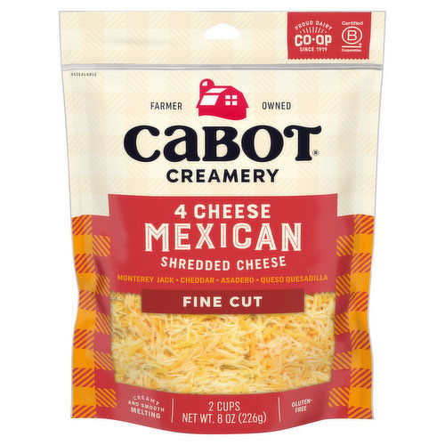 Cabot Creamery Cheese, 4 Cheese Mexican, Fine Cut, Shredded