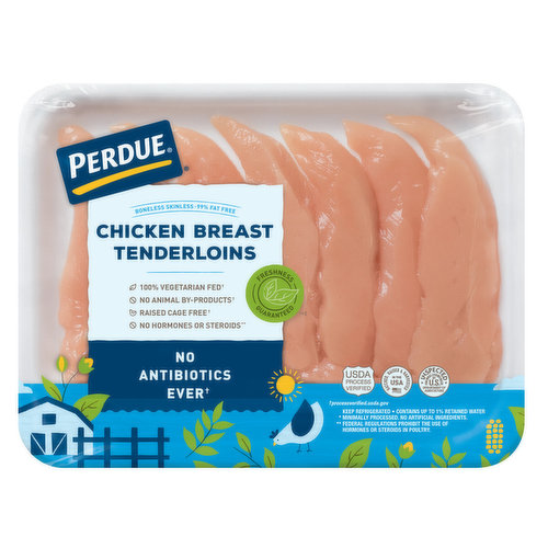 PERDUE Fresh boneless skinless chicken breast tenderloins are packed in a tray. No antibiotics ever.