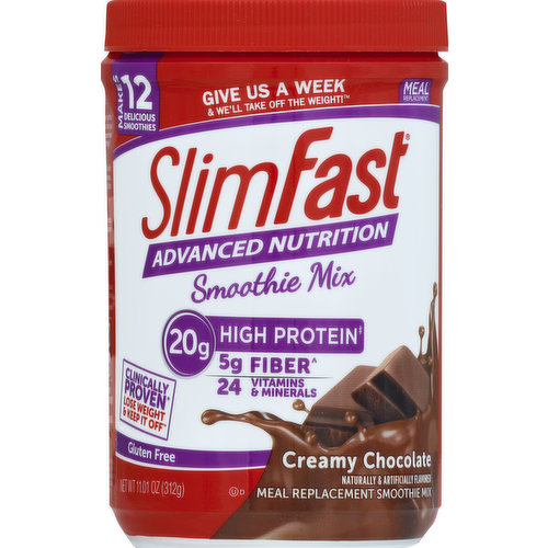 Makes 12 delicious smoothies. Give us a week & we'll take off the weight! Meal replacement. 20 g high protein (Per smoothie as prepared with fat free milk). 5 g fiber (Contains 3.5 g total fat per serving). 24 vitamins & minerals. Clinically proven (When used as part of the SlimFast plan. Individual results may vary.) lose weight & keep it off. Gluten free. Naturally & artificially flavored. Clinically Proven: The SlimFast Plan: 1. One sensible meal enjoy your favorite foods. 2. Replace two meals a day with shakes or smoothies. 3. Indulge in three snacks satisfy hunger between meals. Clinically proven (When used as part of the SlimFast plan. Individual results may vary.) to lose weight fast! SlimFast Advanced Smoothie Mixes gives you the nutrition you need and the delicious taste you want. As part of the SlimFast Plan, it's never been easier to lose weight fast and keep it off! Why? It's Flexible! Our Smoothies are designed to mix well with other ingredients. Want to add some banana, Greek yogurt, or a dash of cinnamon? Do it! Visit SlimFast.com for tips & recipes. It Works! 50 clinical studies prove the SlimFast Plan helps you effectively lose weight. You can see results in just 1 week! (When used as part of the SlimFast plan. Individual results may vary.). It's Nutritious! SlimFast Advanced has more protein (Double the protein compared to Original SlimFast Meal Replacement Shake Mix, 10 g vs 20 g) with less sugar. (27.8% reduction in sugar compared to Original SlimFast Meal Replacement Shakes (as consumed), 18 g vs 13 g). Join us at: www.SlimFast.com to learn more about The SlimFast Plan, easy recipes, weight loss calculators & more. Facebook. Pinterest. Instagram. YouTube. Sweetened with non-nutritive sweetener. www.SlimFast.com.