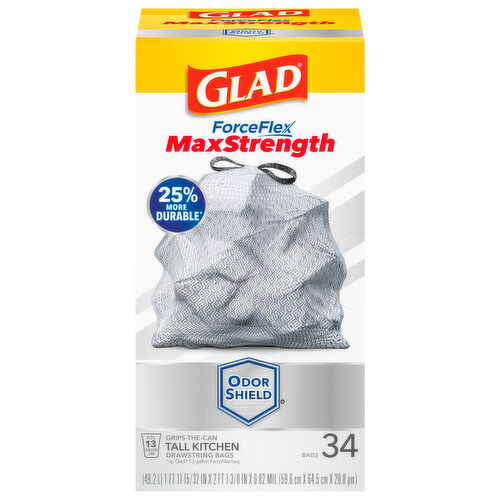 Glad Bags, Drawstring, Kitchen, Max Strength, 13 Gallon, Tall