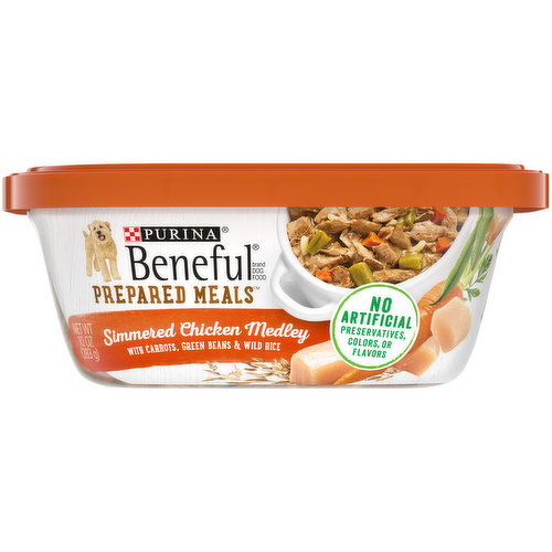 Calorie Content (calculated) (ME): 959 kcal/kg, 271 kcal/tub. Beneful Prepared Meals Simmered Chicken Medley is formulated to meet the nutritional levels established by the AAFCO Dog Food Nutrient Profiles for maintenance of adult dogs. With carrots, green beans & wild rice. Meaty chunks with a hearty sauce. 100% complete & balanced nutrition for adult dogs. No artificial preservatives, colors, or flavors. purina.com. how2recycle.info. Try Originals Dry Food. Prepared in our own US Facilities. Printed in USA. Excite your dog's senses at mealtime with Purina Beneful Prepared Meals Simmered Chicken Medley wet dog food. We craft this nutritious high quality dog food with gravy with real chicken to bring succulent flavor to every bite. The recipe with real carrots, green beans and wild rice you can see, creating a meal with wholesome goodness for your good dog. With 23 essential vitamins and minerals in every serving and tender, meaty chunks he can sink his teeth into, this premium dog food with no artificial colors, flavors or preservatives lets your faithful companion know you care about his health and happiness. An appetizing dog food gravy rounds out the high-protein recipe that helps support his strong muscles. This Purina Beneful wet dog food provides 100 percent complete and balanced nutrition for adult dogs to help support your buddy's active, playful lifestyle. Plus, with high-quality ingredients and the flavor he craves, Purina Beneful Prepared Meals Simmered Chicken Medley gravy dog food shows your dog he's the hero of your household with every bowlful. Serve the dog food as a hearty meal, or mix it with his favorite dry kibble to create mouthwatering wet dog food toppers. We proudly produce Purina Beneful Prepared Meals in Purina-owned, U.S. facilities and package each recipe in a recloseable dog food tub for easy storing of leftovers.; Give your dog a high-protein recipe that provides 100 percent complete and balanced nutrition for adult dogs when you add Purina Beneful Prepared Meals Simmered Chicken Medley wet dog food to his menu.