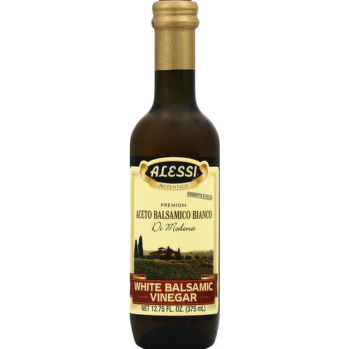 Premium. Alessi White Balsamic Vinegar is a wonderful blend of Italian white wine vinegar and the boiled down musts of white grapes. Use it in salads and white sauces or on fish, vegetables or french fries. A deposit found in the bottle is a natural occurrence of the product and does not deter the quality. www.alessifoods.com. Acidity 6%. Product of Italy. Packed in the USA.