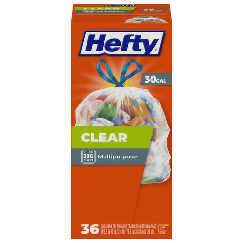 Hefty Drawstring Bags, Large, Multipurpose, Clear, 30 Gallon