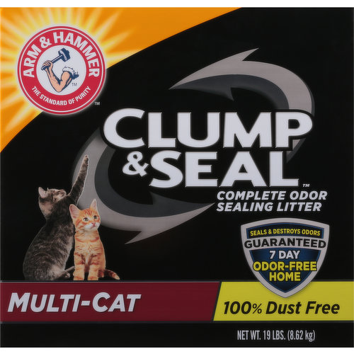 100% dust-free. Enjoy a 7 day odor-free home, guaranteed! This revolutionary cat litter first seals, and then destroy odors. Extra strength formula for Multi-Cat homes. Sealing: A proprietary blend of moisture-activated micro-granules forms an odor containing seal around urine and feces. Destroying: Then a powerful formula with heavy duty odor eliminators plus Arm & Hammer baking soda destroys sealed-in odors on contact. Plus - Your cat will love the softer feel. Product Features: Our guarantee - No crumbly clumps; 100% dust free; Seals & destroys odors. For over 170 years, Arm & Hammer products have provided a safe and effective way to help keep things smelling fresh and clean. An odor-free home starts with Arm & Hammer.